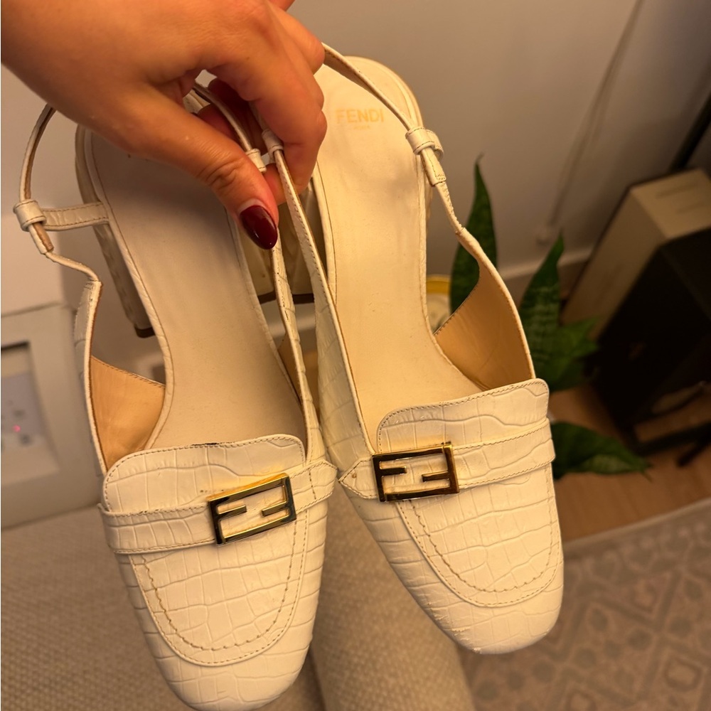 Fendi Women's White Croc-Embossed Slingback Loafers